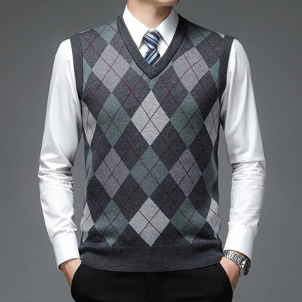 Men\'s Knitted Tank Top  Sleeveless Pullover  V Neck Casual Plaid Sweater Vest  Wool Blend  Khaki/Red/Grey/Navy/Dark gray M 3XL