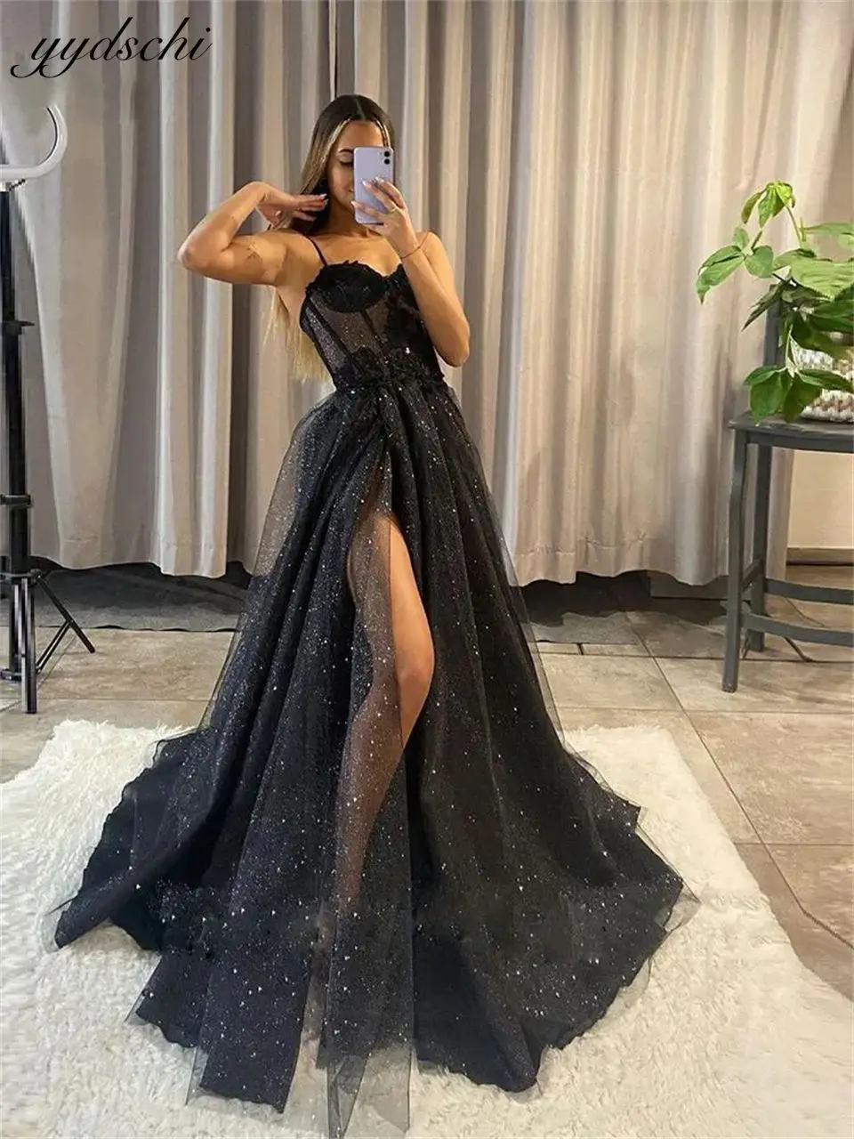 

Sexy Sweetheart Neck High Slit Spaghetti Strap Sequined Party Dress For Women Sweep Train Formal 2024 Evening Dress Bridal Gowns