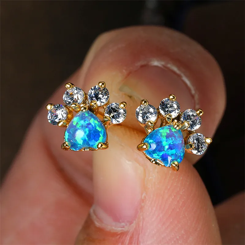 Cute Female Small White Crystal Zircon Stud Earrings Fashion Blue Opal Heart Wedding Jewelry For Women
