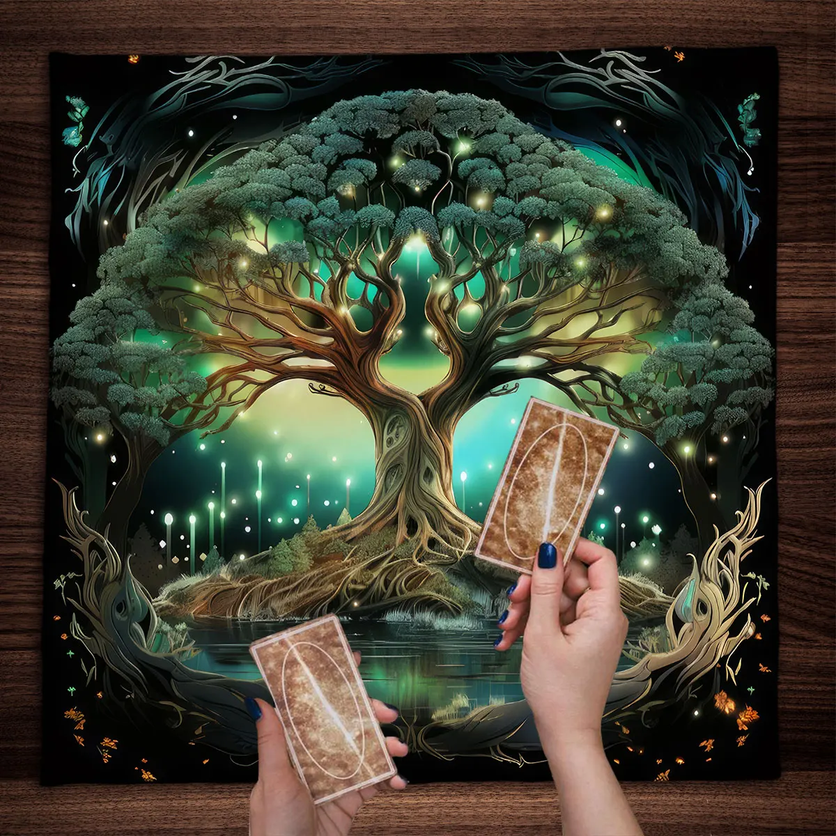 Mysterious Green Tree of Life Tarot Card Tablecloth Wicca Altar Cloth Fantastic Life Tree Tablecloth for Tarot Oracle Card Pad 2