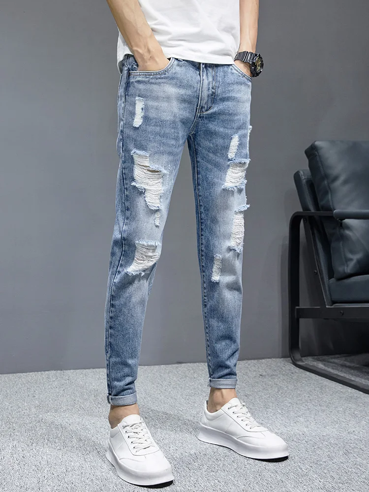 New Ripped Jeans Men's Streetwear Fashion Korean Youth Slim Little Feet Denim Trousers Stretch Cotton Ankle Length Pants Male