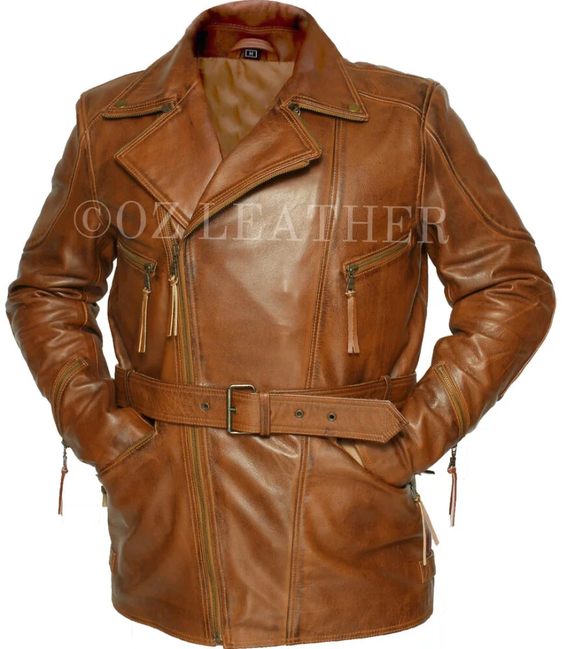 Mens Brown Motorcycle Biker Long Cow Hide Leather Jacket Genuine Leather Coat