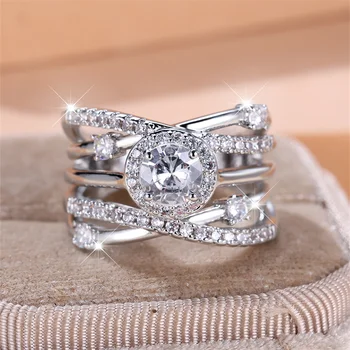 Luxury Multilayer Crossed Wide Rings For Women Silver Color Classic Round White Zircon Wedding Bands Female Index Finger Jewelry