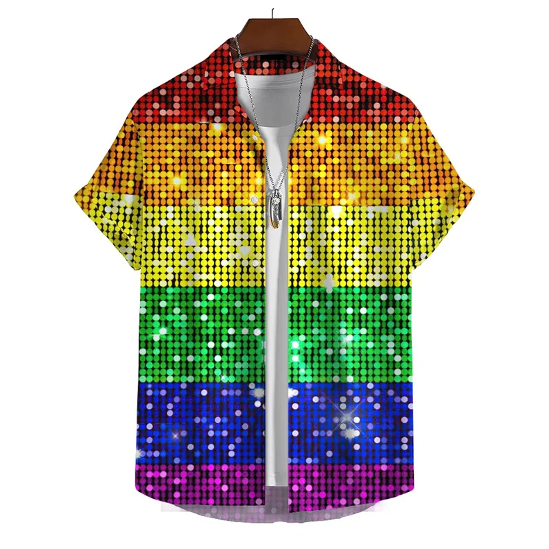 3d Print Rainbow Shirt Men Summer Lapel Short Sleeved Holiday Party Shirts Streetwear Hip Hop Blouse Tops Male Clothing