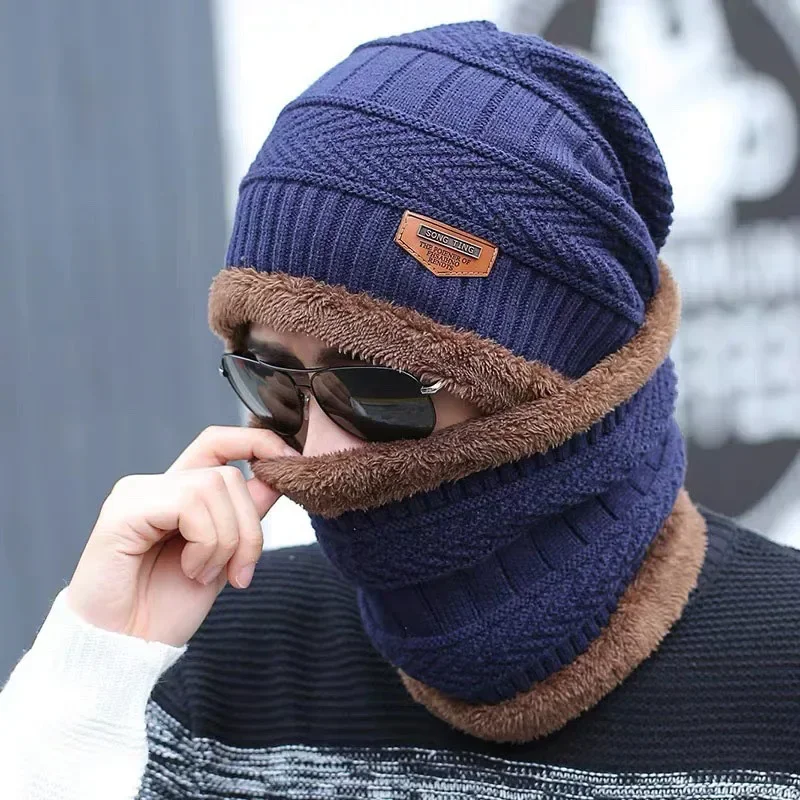 Winter Hats Knit Cap Men Women Velvet Scarf Neck Protect
