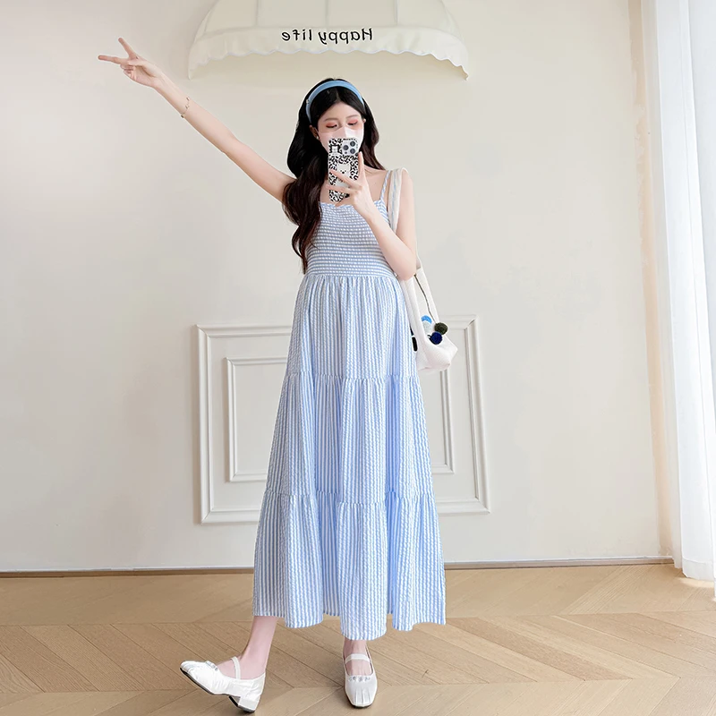 Summer Fashion Maternity Dress Suits Blue Striped Strap Dress Tassel Hem Lace Cardigans Twinset Pregnant Woman Clothes Set Sweet