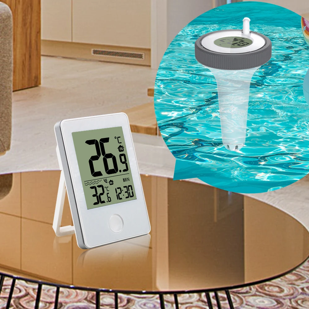 

Digital Wireless Floating Pool Thermometer with Time Clock Indoor/Outdoor Swimming Pool Bath Water Spas Aquariums Remote Observe