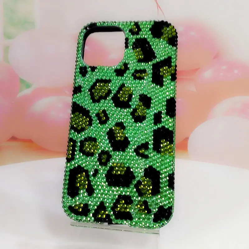Bing Bing Green Leopard Print Rhinestone Phone Protective Case for iPhone11 121314 15pro Max Xs Xr Phone Case Rhinestone