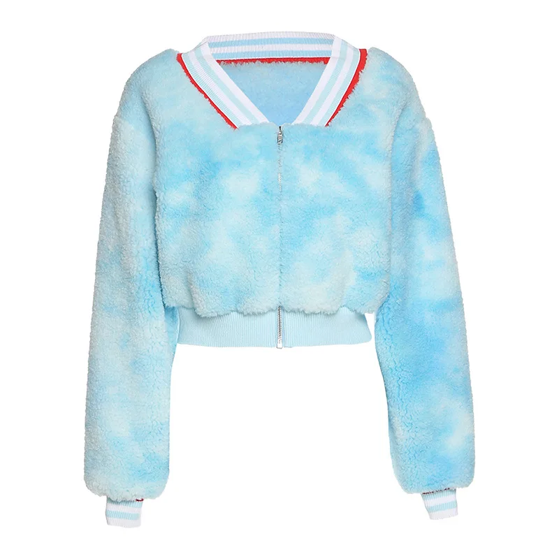 Autumn Winter Thick Warm Fashion Zipper Faux Fur Coat New Women Plus Size Long Sleeve Top Loose Outwear Crop Tie Dye Streetwear