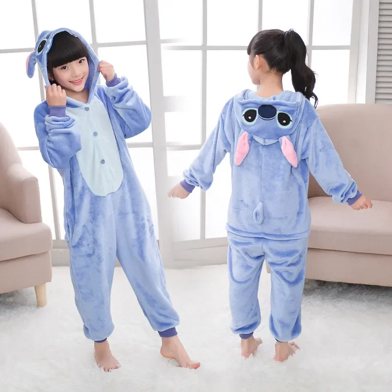 Stitch Disney Plush Flannel Pajamas Baby Boy One-Piece Suit Cartoon Cothes Set Long-Sleeved Winter Soft Warm Home Clothes Casual