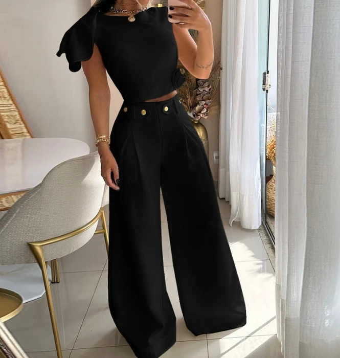 

Fashionable 2024 Spring Summer Pants Set Solid Color Single Shoulder Petal Sleeve High Waisted Temperament Pants Set for Women