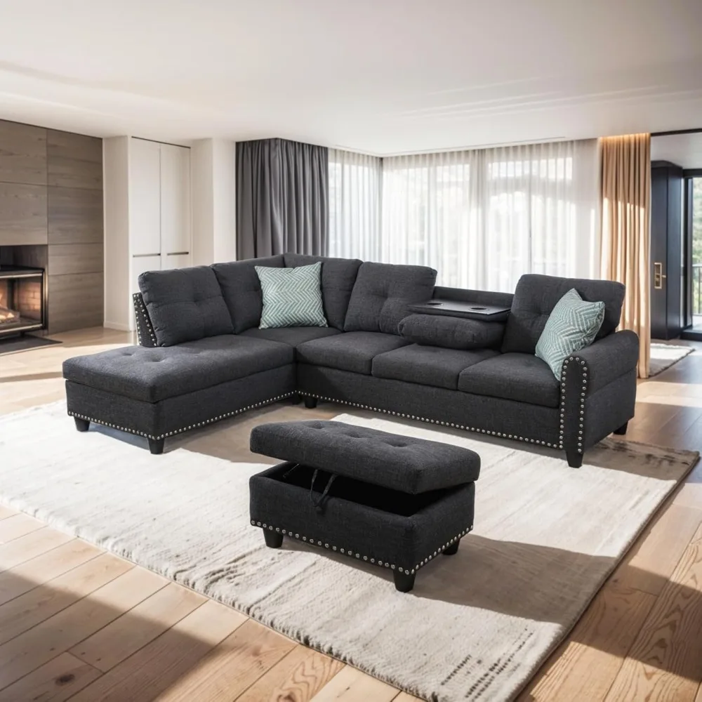 Description Picture 2 of itemLiving Room Furniture Sets Sectional Sofa Modern L-Shaped Sofá with 2 Pillows and Ottoman,Upholstered Corner Couch Extra Wi