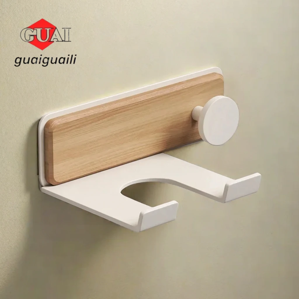 ที่ใส่เครื่องเป่าผมในห้องน้ำทำจากไม้บีชที่ใส่แบบไม่เจาะที่ยึดเครื่องเป่าผมติดผนังที่จัดเก็บของแขวนในห้องน้ำ 1