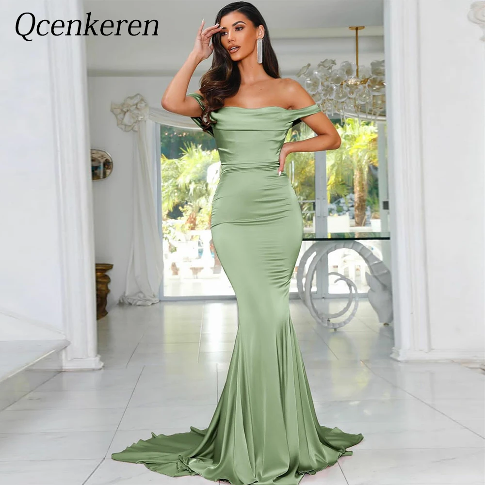 

Off the Shoulder Evening Ruffle Formal Satin Sheath Bespoke Occasion Mermaid Party Dresses Sweep Train Gowns for Women