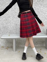 Large Size L-4XL Retro Red Plaid Fashion Versatile Pleated Skirt Girl Spring Summer College Jk High Waist A-line Long Skirts - Image 4