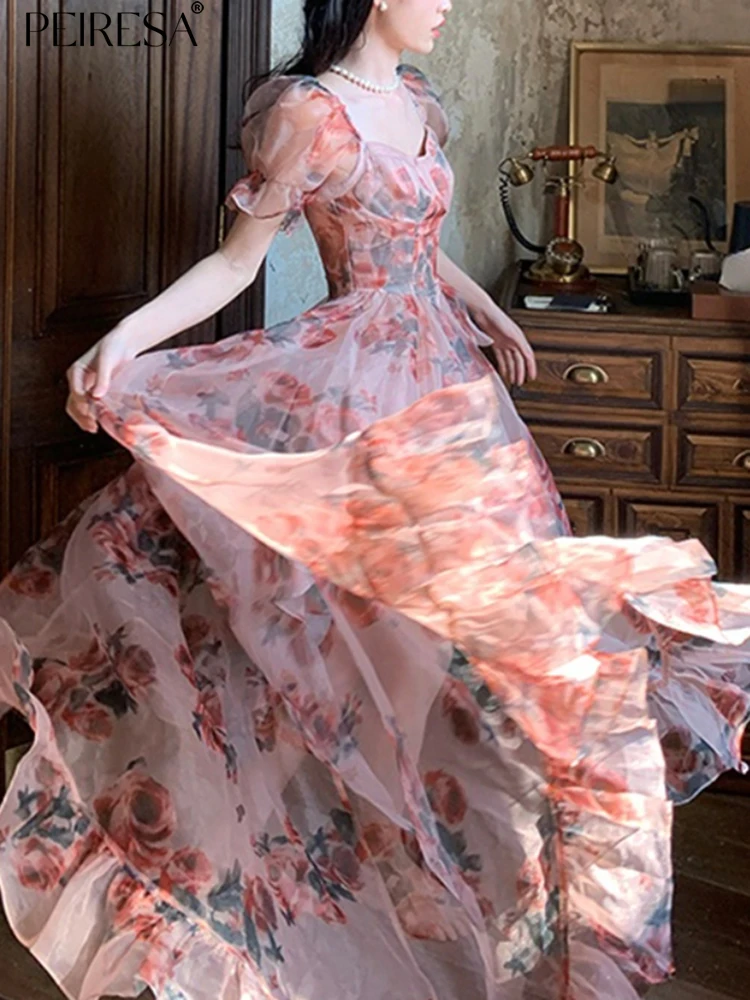 

PEIRESA Floral Print Party Dresses For Women 2023 New Fashion Ruffles Square Collar Puff Sleeve Fairycore Long Dress Vestidos