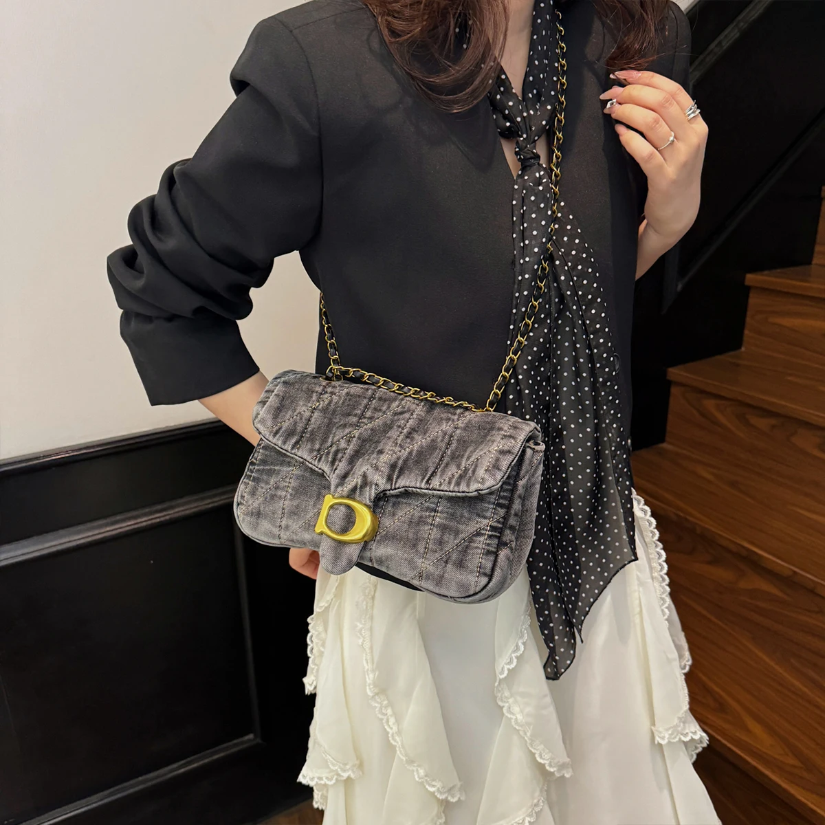 Hong Kong Style Retro Distressed Denim Armpit Bag for Women 2025 Summer New Fashion Versatile Commuter Shoulder Bag Chain Mobile Phone Bag Daily Work to School Class Lipstick Tissue