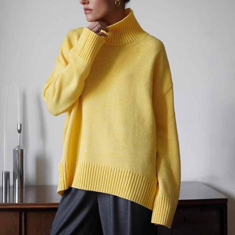 Autumn Women's Knitted Sweater Oversize High Collar Yellow Vintage Pullover Soft Winter Warm Vintage Red Sweaters for Women