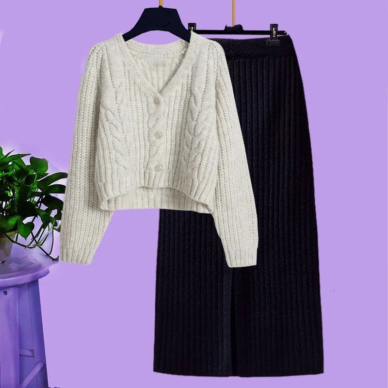 Autumn Winter Suit Women's 2023 New Wear with Lazy Style Knitted Cardigan Sweater High Waist Slim Half Skirt Two Piece Set men loose sweater men s women s winter sweaters warm knit tops with loose fit striped print pullover lazy style couple clothes