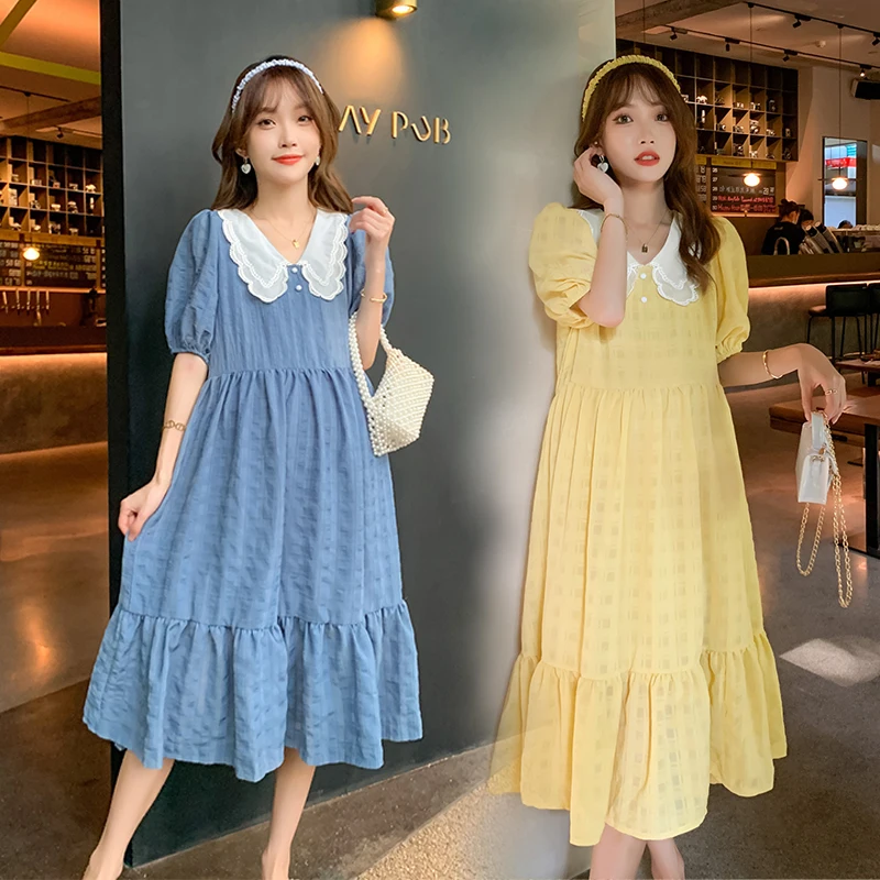 

Maternity Summer Loose Long Dress Sweet Peter Pan Collar Short Sleeve Pregnancy Mermaid Dress Plus Size Pregnant Woman Trumpet