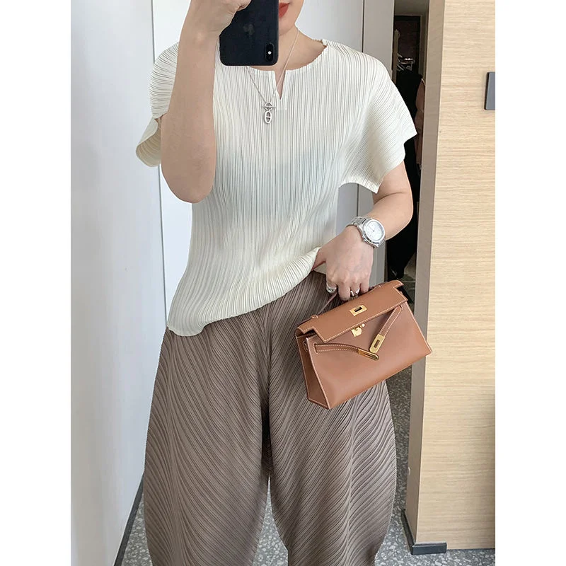 

Pleated high-class short-sleeved t-shirt for women 2023 new summer slim belly covering o neck casual short t shirt female top
