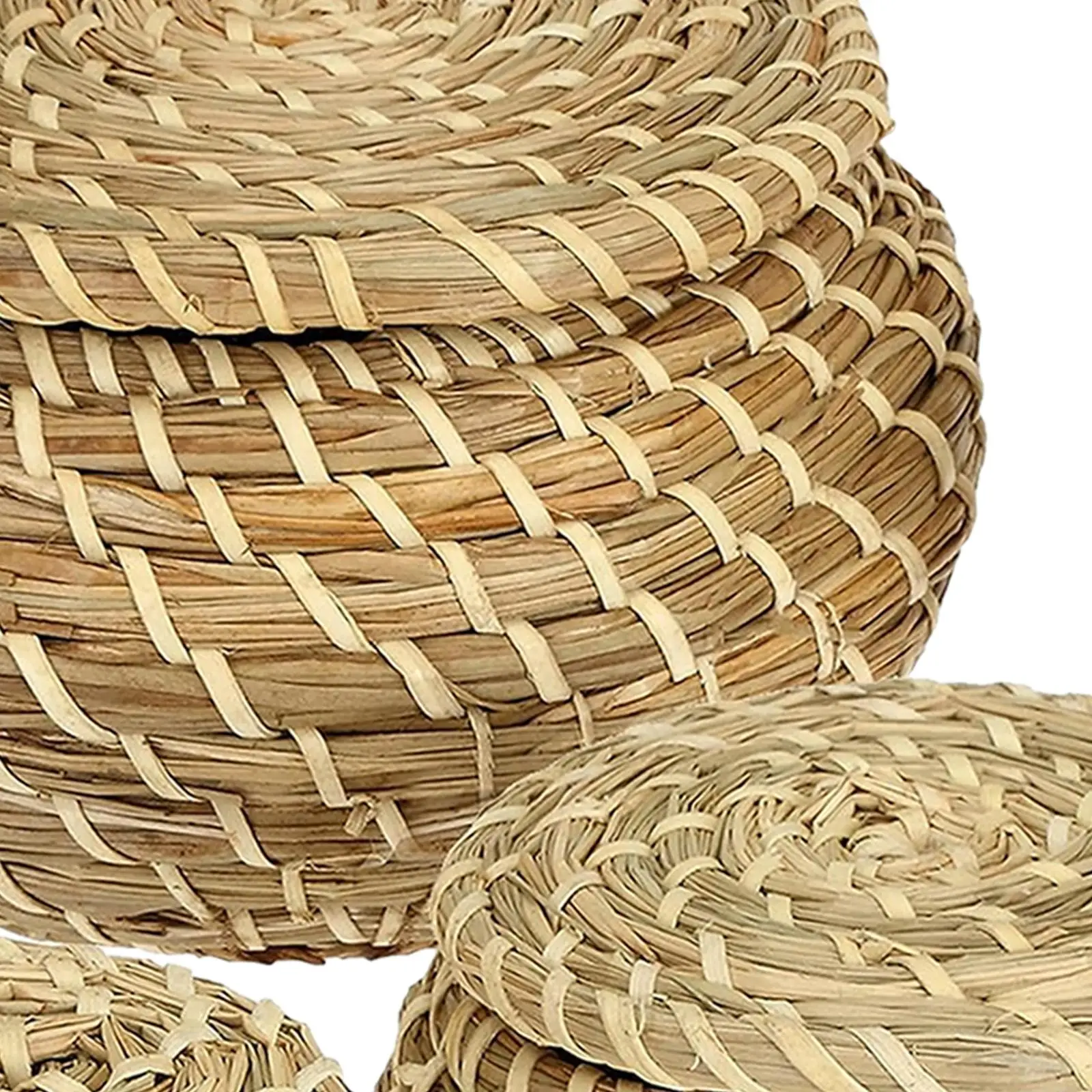 3x Handwoven Storage Basket Jewelry Storage Bin Desktop Basket Round Seagrass Box for Keys Fruit Shelf Bathroom Kitchen