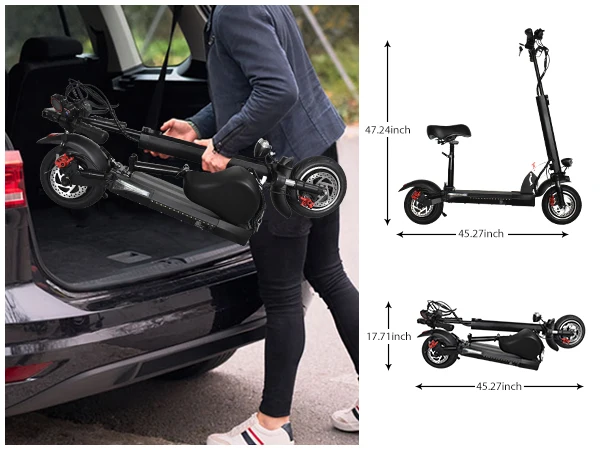 Adults using a foldable electric scooter for commuting, stored in the trunk of a car.