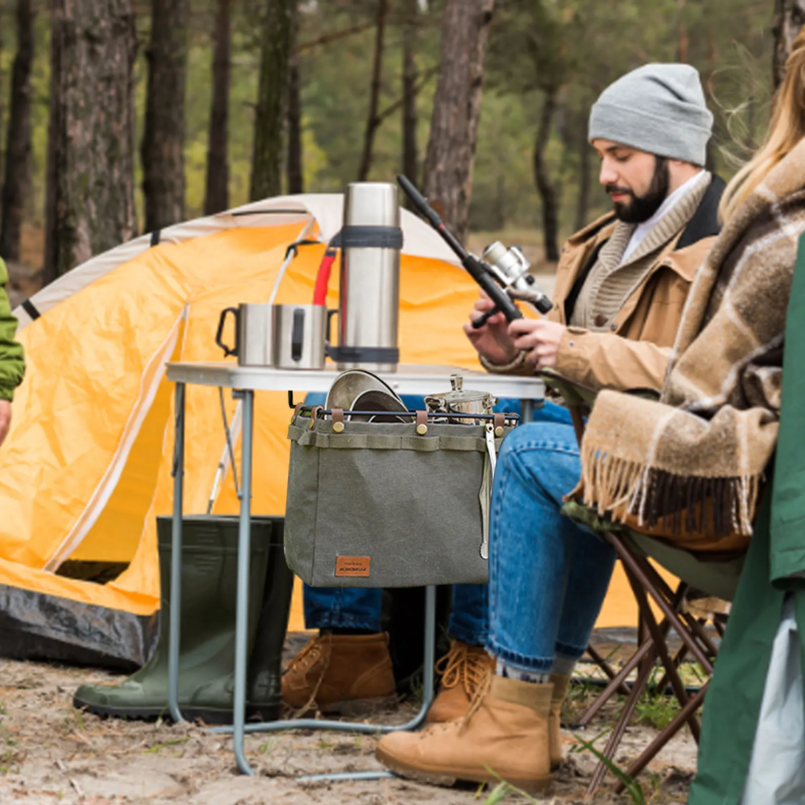 Description Picture 6 of itemCamping Table Side Storage Bag Multifunctional Folding Canvas Bag  with Hook Outdoor Picnic Desk Cookware Hanging Bag