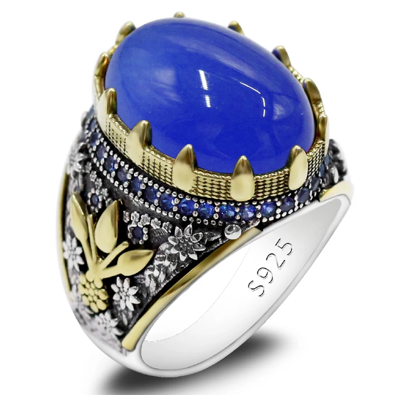 

S925 Sterling Silver Men's Türkiye Handmade Ring Natural Blue Agate Tulip Design Fashion Festival Women's Jewelry Party Gift