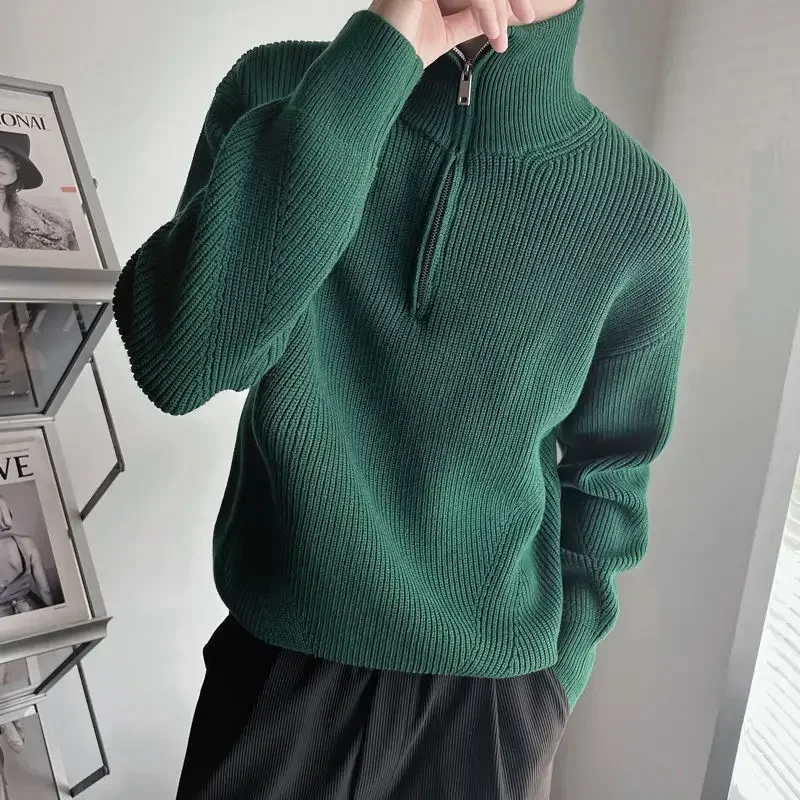 

Man Clothes Collared Plain Zip-up Pullovers Knitted Sweaters for Men Green Zipper Solid Color X Sheap Jumpers Winter 2023 Baggy