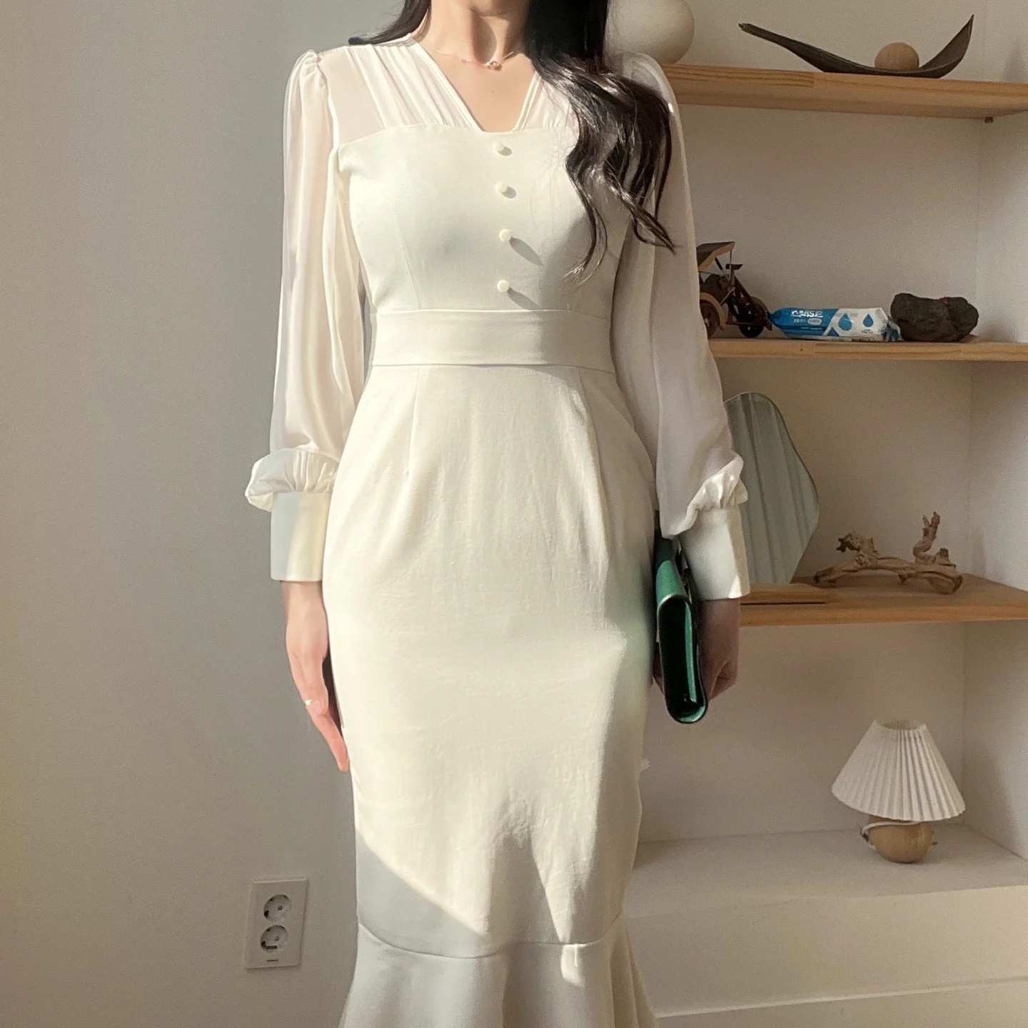 Korean Fashion Bodycon Midi Dresses for Women Mesh Patchwork Long Sleeve Fishtail Office Lady Mermaid Party Dress Slim Mermaid