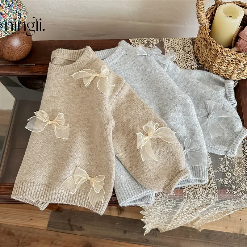 Winter Sweater 4864-1 Children's Clothes Girl Sweater Autumn Winter Korean Fashion Girl's Knitted Sweater Bow Tops Toddler Sweatshirt