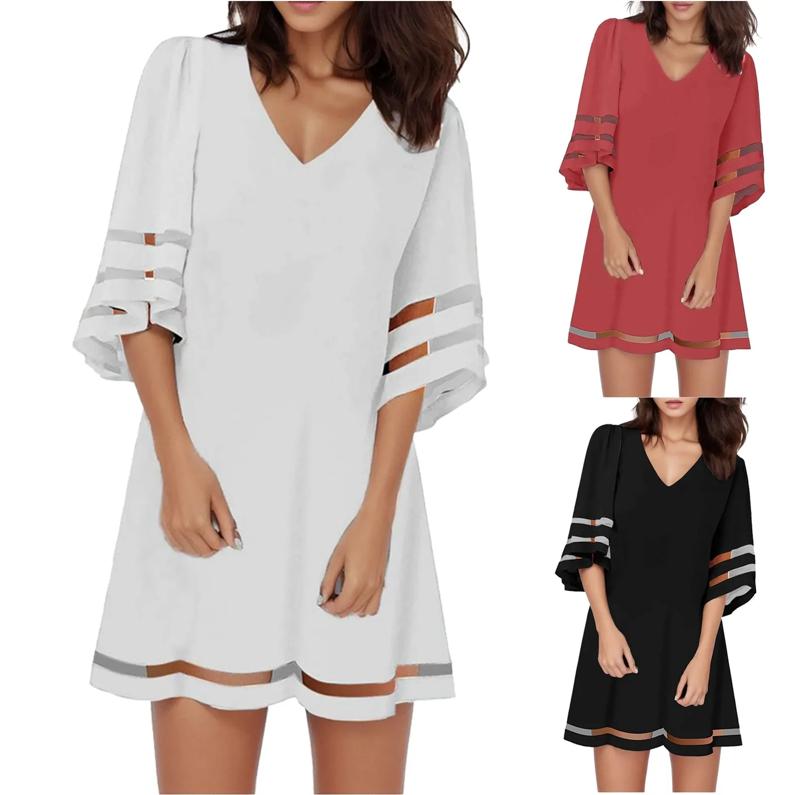 

Summer Dress Sexy Fashion Women Casual Mesh Patchwork 3/4 Bell Sleeve Loose A-line Dress V Nexk Tunic Dress Vestidos Robe