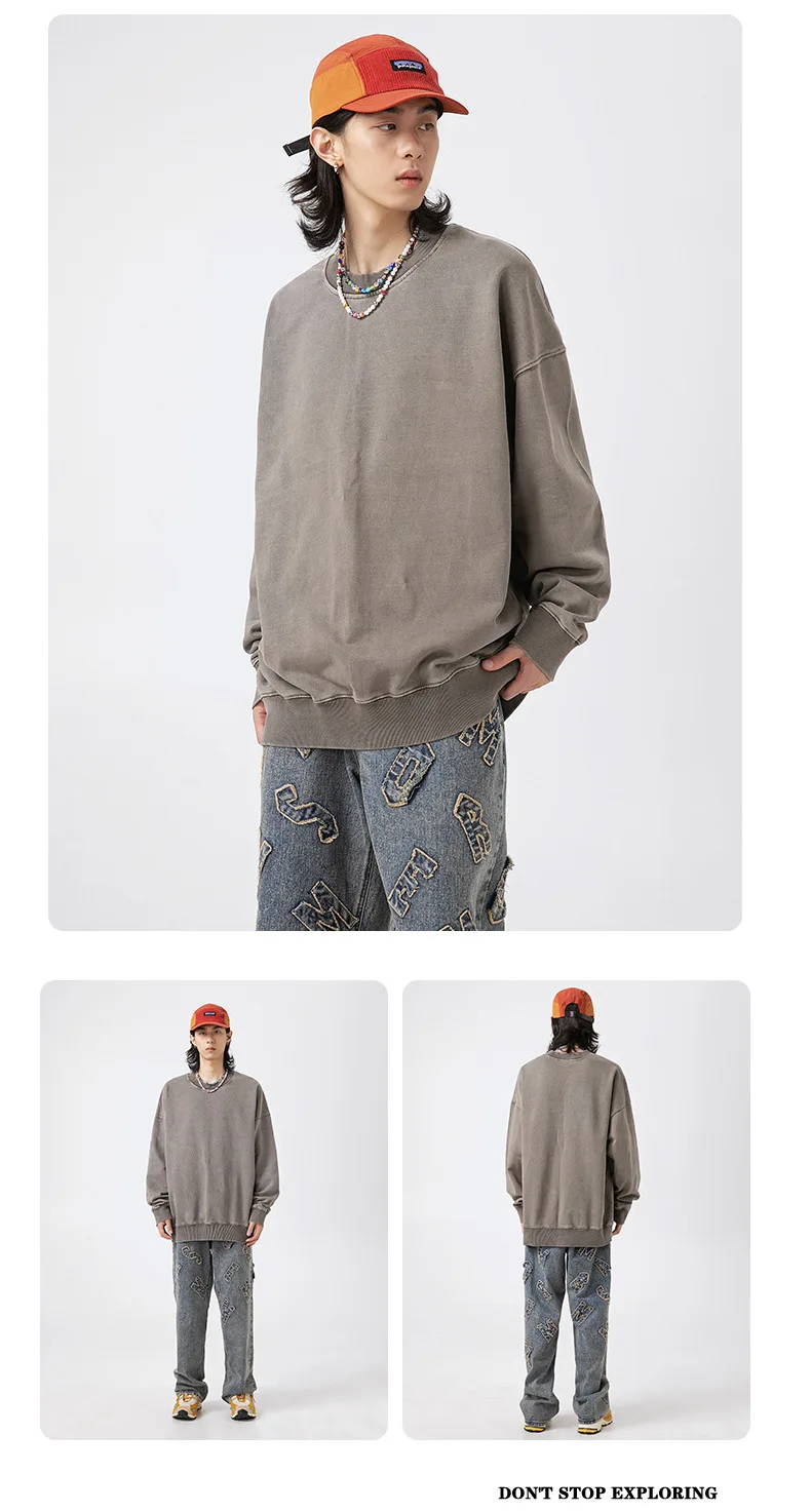 Elmsk Chaopai Loose Heavyweight Light Edition Round Neck Worn Wash Sweater Couple Casual Sweater Solid Color Sweater