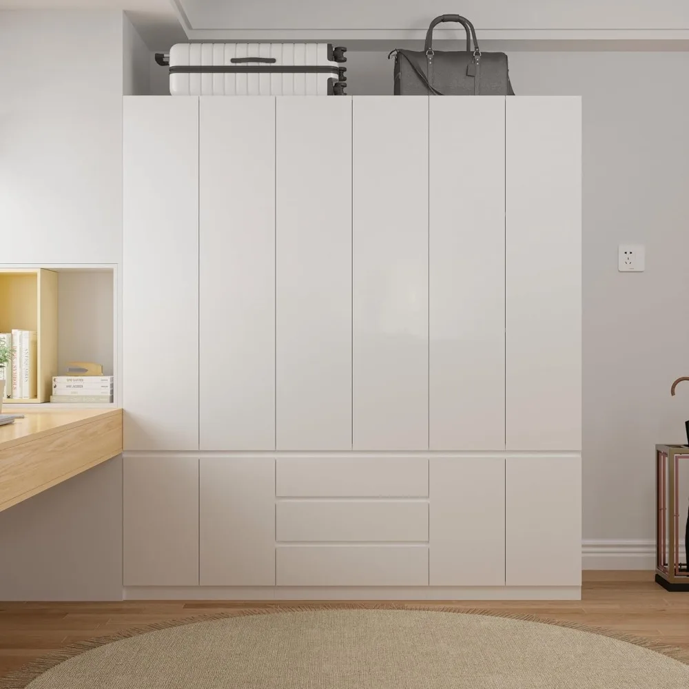 Large Armoire Wardrobe Closet with Drawers and Shelves, White Bedroom Armoires with 6 Doors 2 Hanging Rods, Wooden Freestanding 3