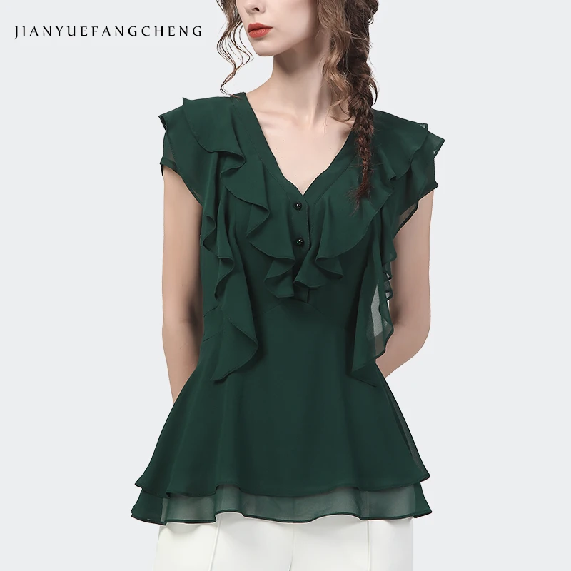 

Women Summer Short Sleeve V-Neck Green Chiffon Top Ruffle Blouse Elegant Slim Casual Working Party Ladies Tunic Shirt