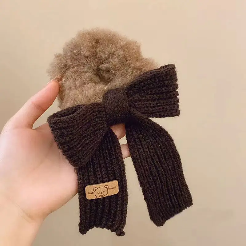 1 Stück gestrickte Lammwoll-Haarringe mit Schleife – solide Boho-Chic-Haargummis für Mädchen, gemütliches Haar-Accessoire-Set mit Schleifenklammern – Detail 8