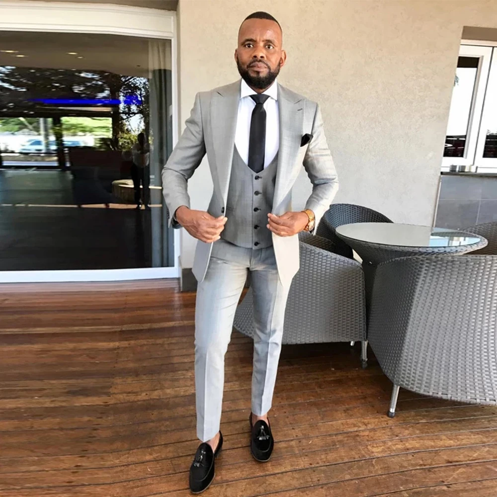 Spring/Autumn Grey Mens Suits Sliver Wedding Tuxedos Slim Fit Jacket+Vest+Pants 3 Pieces Grooms Blazer Custom Made Costume Homme |