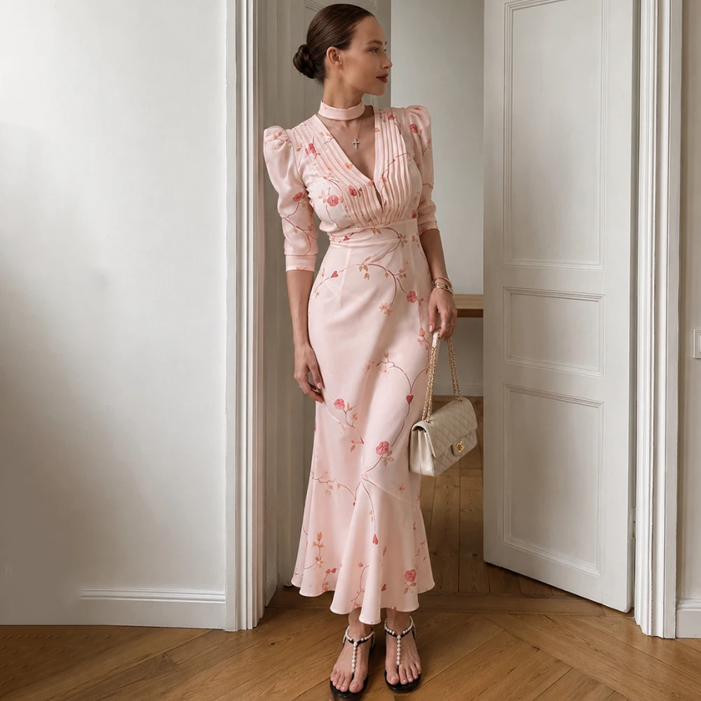 Ticketsx Sexy Print Plissee Kleid frauen V-ausschnitt Puff Sleeve Hohe Taille Straße Sommer Kleid Weibliche Elegante Urlaub Party Kleid