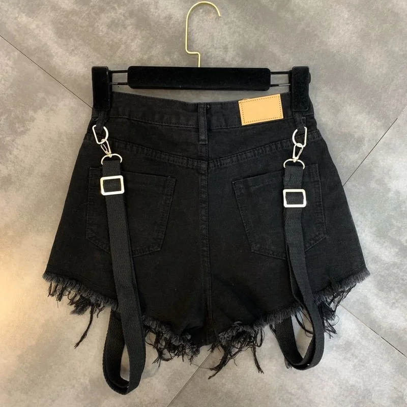 Female Beading Shoulder Strap Trend Shorts Burrs Tassel Short Jeans 2024 Spring Summer Women Black Casual Fashion Denim Shorts