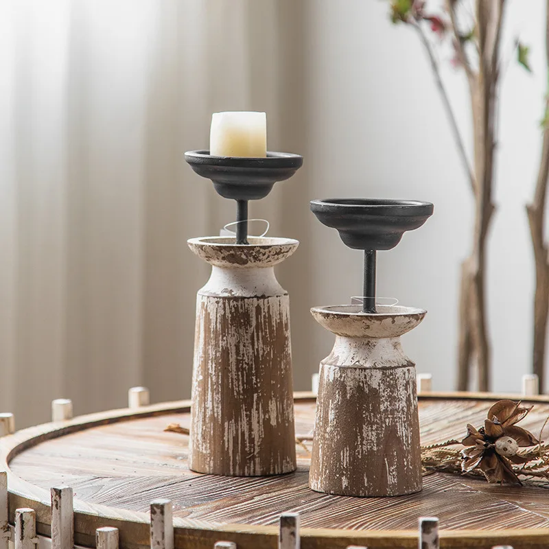 

Cross-border wooden vintage candle holder wholesale wooden size table atmosphere ornaments spot photography shooting props