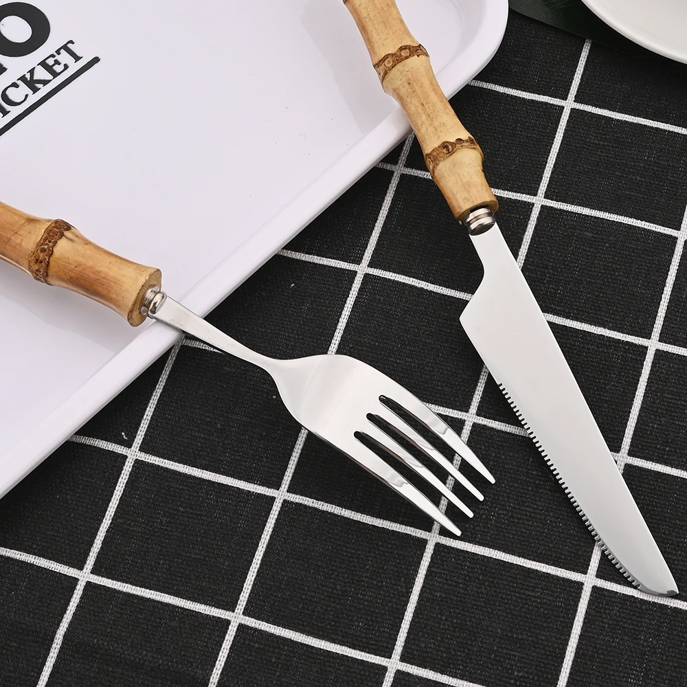 16/24/32Pcs Creative Bamboo Wooden Handle Tableware Set Stainless Steel Dinnerware Set Steak Knife Fork Spoon Cutlery Gift