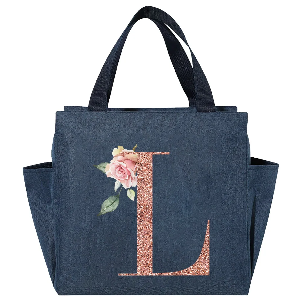 Lunch Carry Bag Insulated Thermal Portable Bags Large Capacity Rose Gold Print Lunch Picnic Dinner Cooler Food Canvas Handbags