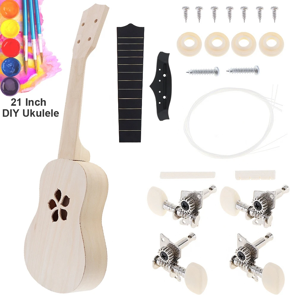 21 Inch Ukulele DIY Kit Basswood Soprano Hawaii Guitar Ukelele Sakura Sound Hole Handwork Painting for Parents Child Campaign Ukulele Set