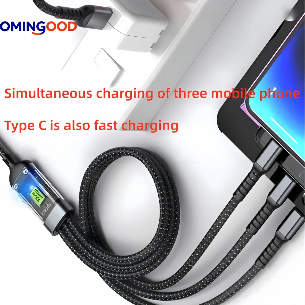 새로운 100W 고속 충전 나일론 편조 멀티 충전 케이블 3-in-1 USB 코드 (타입C, 마이크로, 범용 멀티 디바이스 어댑터 포함)