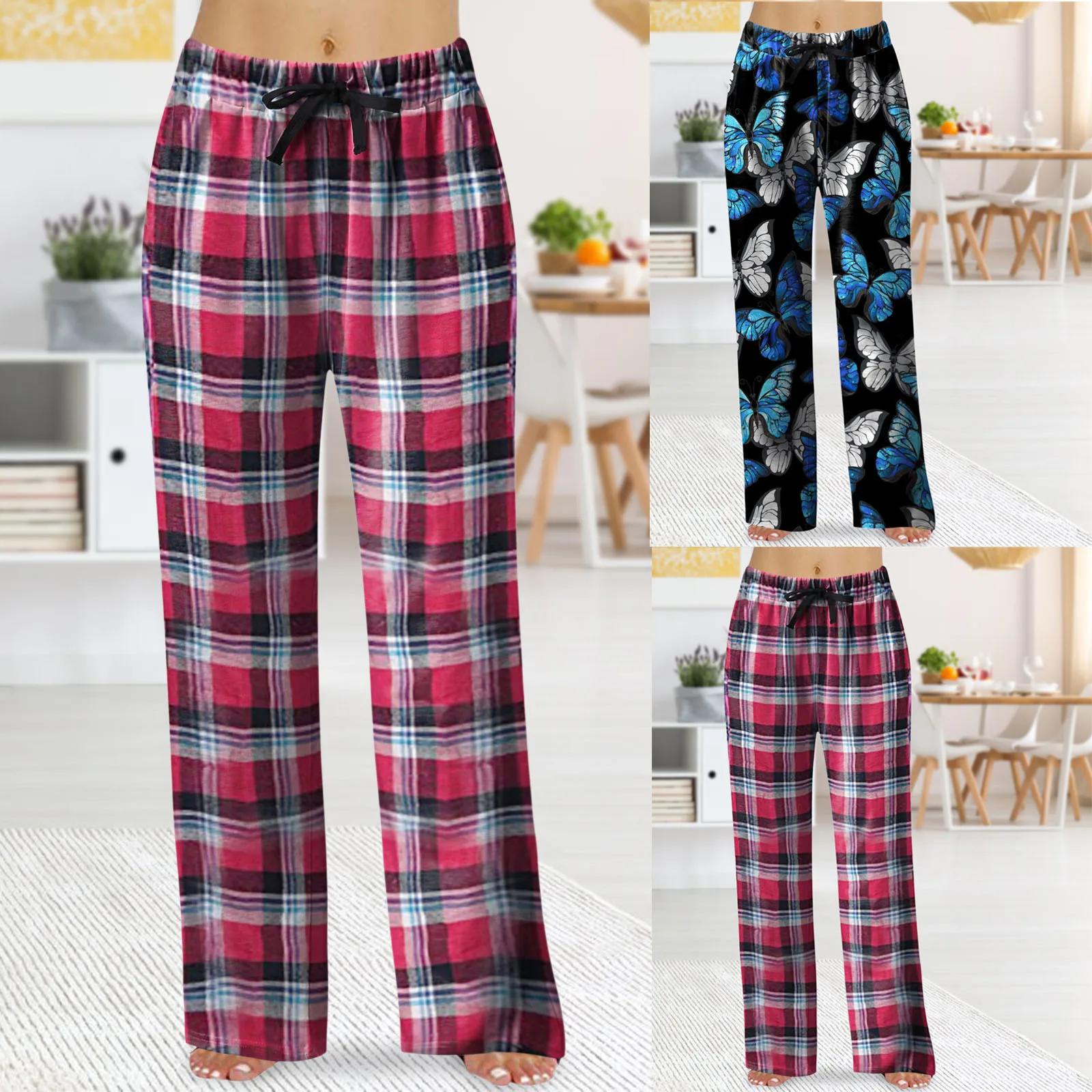 

Women's Spring Fashion Casual Plaid Lace Cotton Can Be Worn Outside Pajamas Home Pants Womens Pants Casual Work