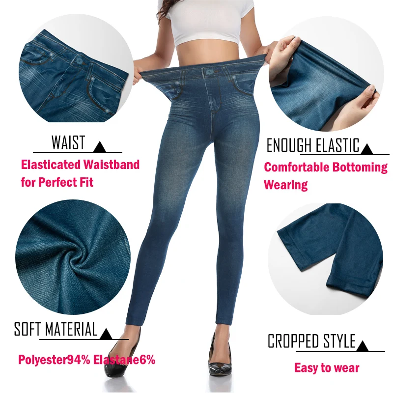 High Waist Faux Denim Print Leggings Women Sexy Skinny Pencil Pants Tummy Control Seam-free Shapewear Trousers No Pocket 5