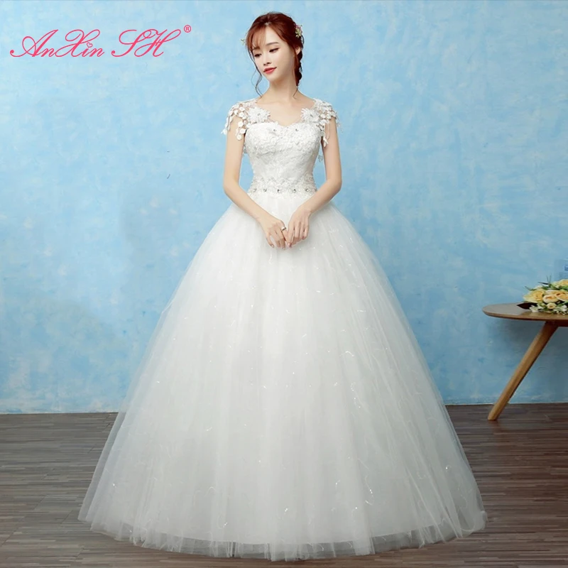 

AnXin SH princess white flower lace v neck illusion short sleeve beading crystal ball gown lace up bride simple wedding dress