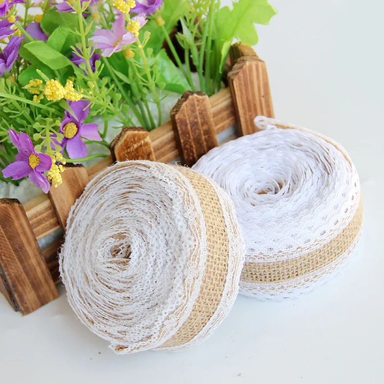 Jute Burlap Ribbons with White Lace Trim DIY Handmade Crafts 2Meters