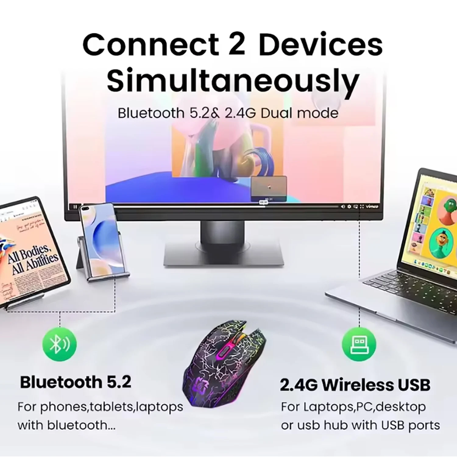 2.4G Bluetooth Wireless Mouse Gaming Mouse Silent Rechargeable 800-1200-1600 DPI Mice PC Laptop Macbook wireless mouse